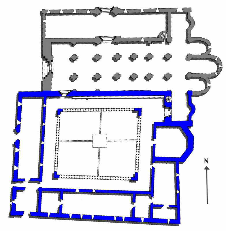 ESQUEMA DE LA IGLESIA PRIMITIVA ROMÁNICA. EN AZUL, LO CONSERVADO